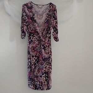 Cleo Purple & Black Faux Wrap Midi Dress with Ruched Sleeves Size 12